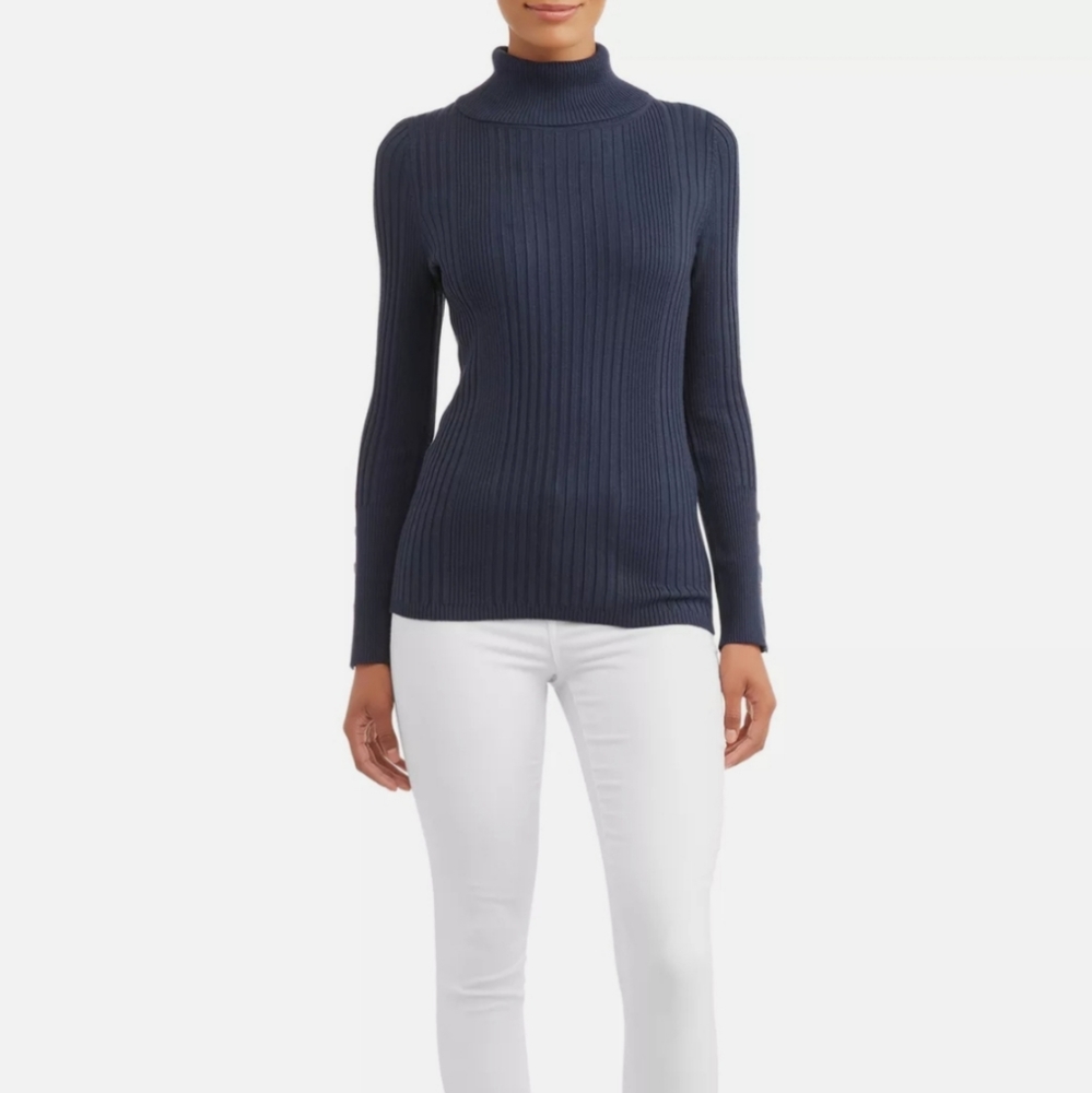 Button cuffs, Navy Blue, ribbed turtleneck sweater